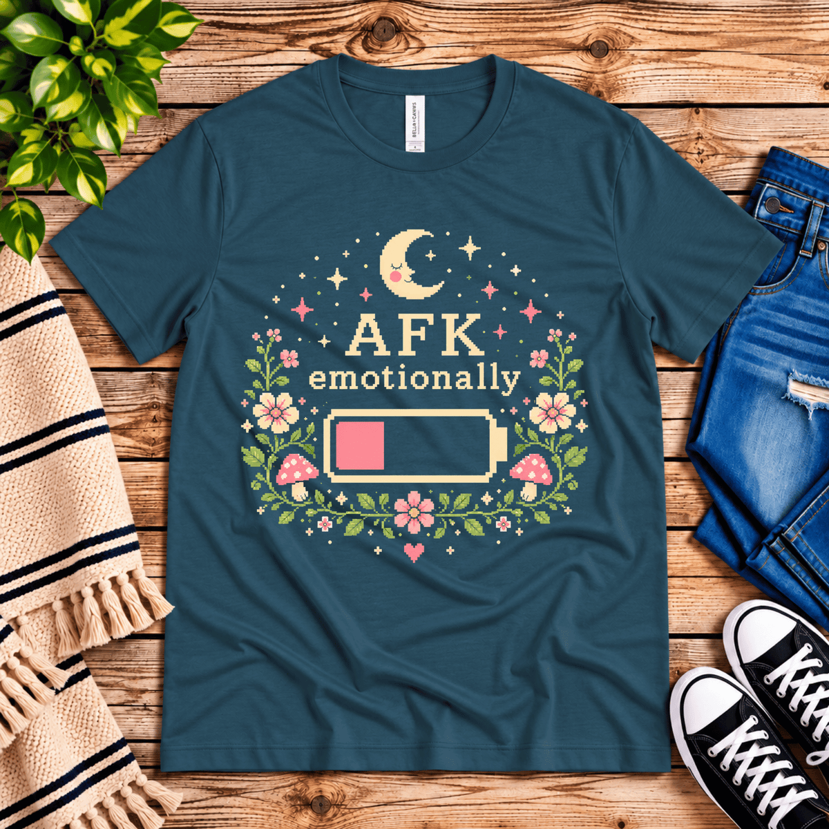 AFK funny introvert graphic t-shirt cozy flat lay in deep teal.
