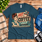 Hot Coffee retro coffee graphic t-shirt cozy flat lay in deep teal.