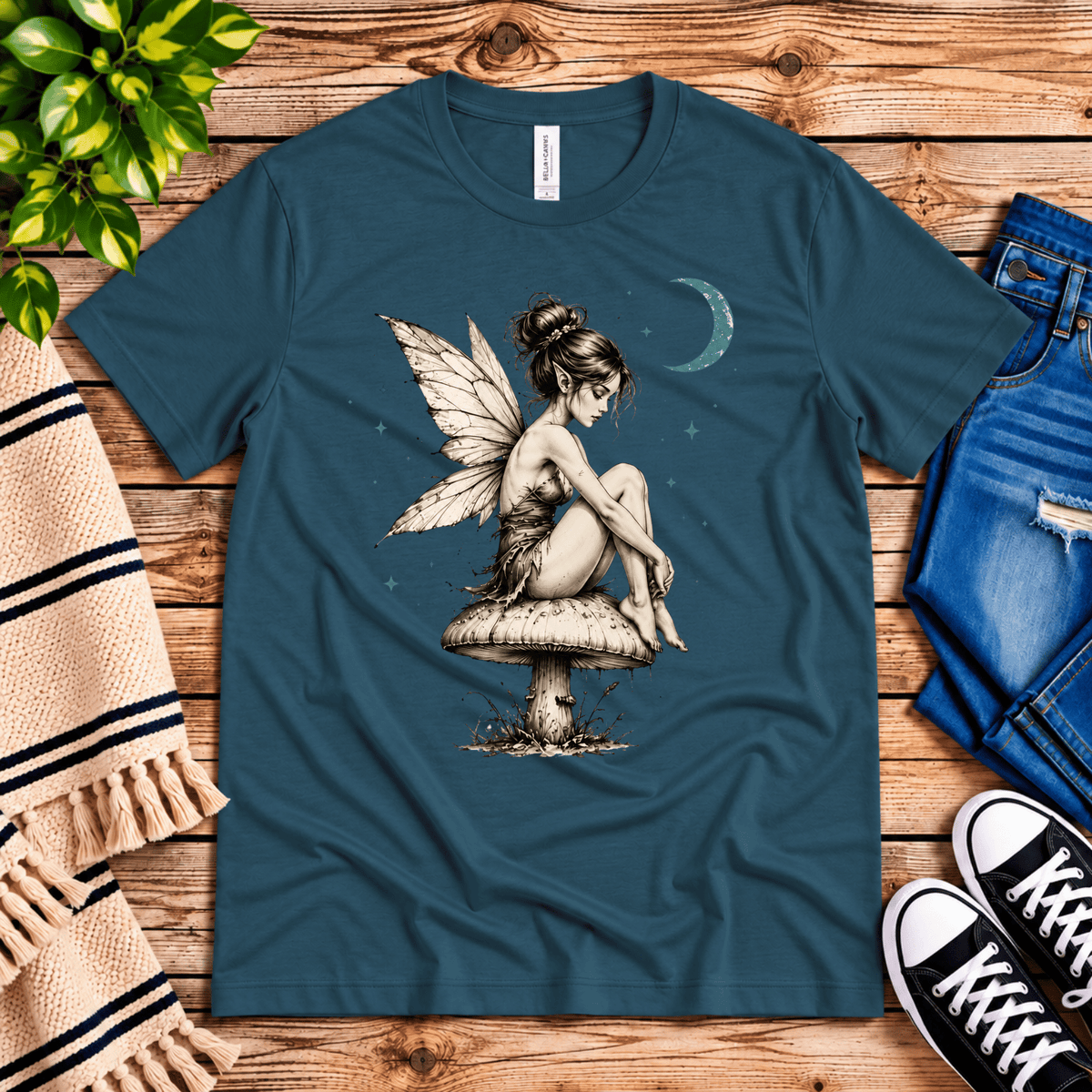 Mushroom Fairy vintage fairy graphic t-shirt cozy flat lay in deep teal.