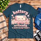 Battery Critical funny introvert graphic t-shirt cozy flat lay in deep teal.