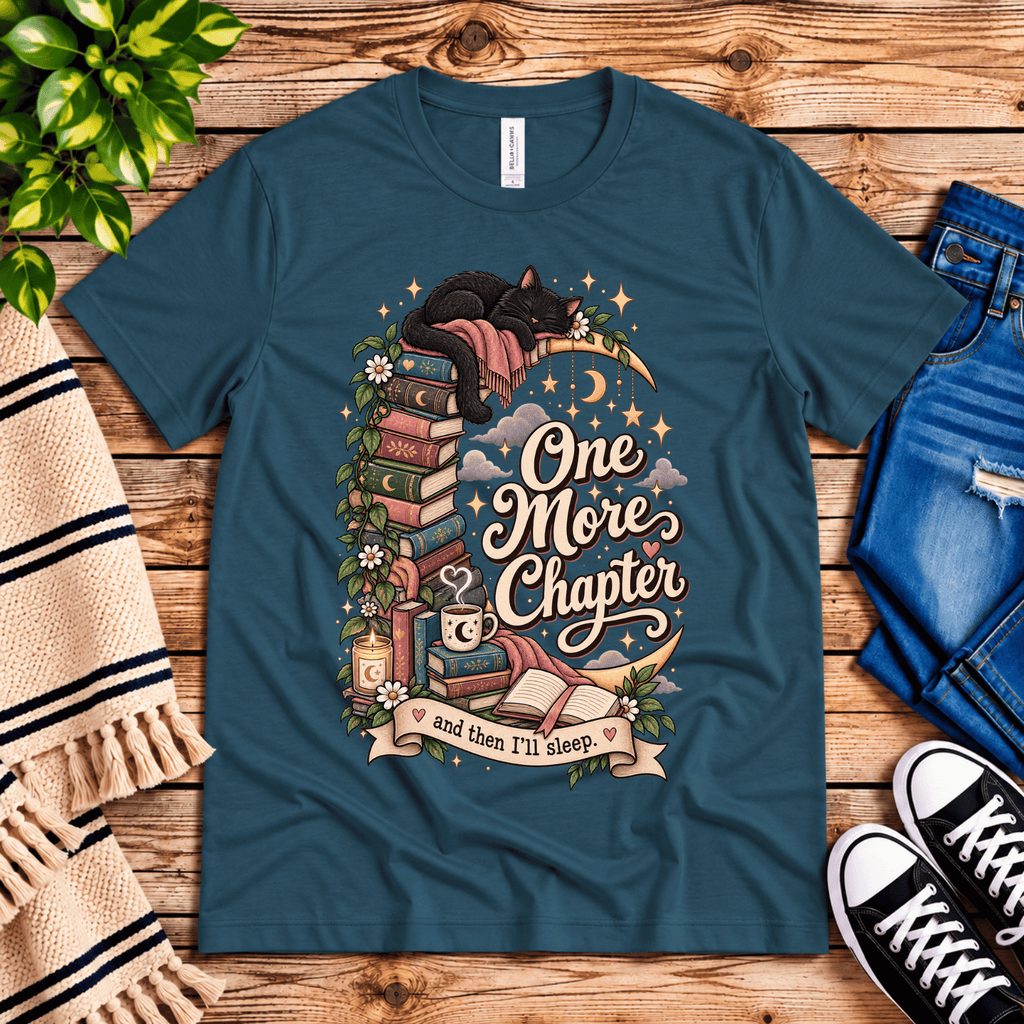 One More Chapter cute book graphic t-shirt cozy flat lay in deep teal.