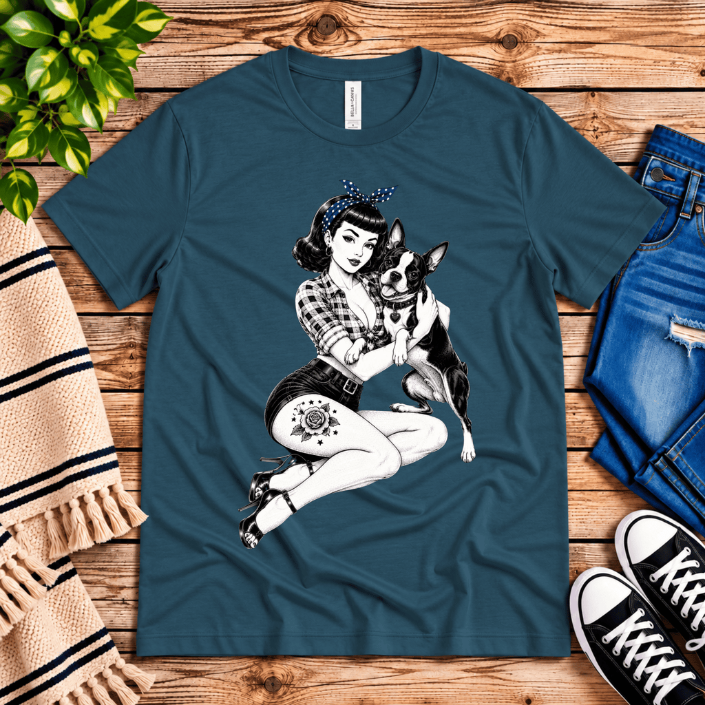 Boston Love pinup graphic t-shirt cozy flat lay in deep teal.