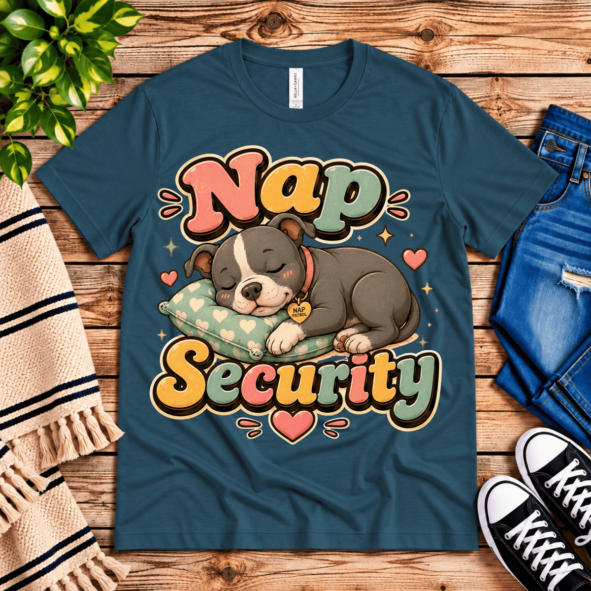 Nap Security cute animal graphic t-shirt cozy flat lay in deep teal.