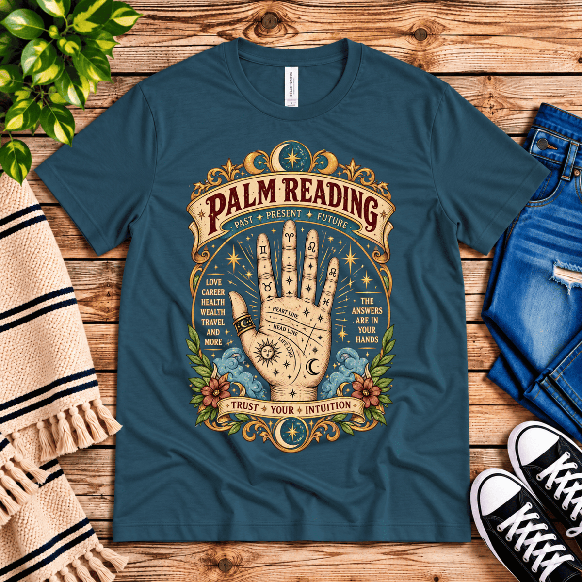 Palm Reading retro mystical graphic t-shirt cozy flat lay in deep teal.