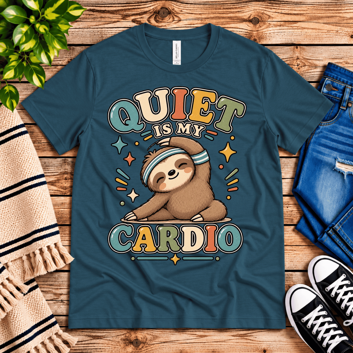 Quiet is My Cardio cute animal graphic t-shirt cozy flat lay in deep teal.