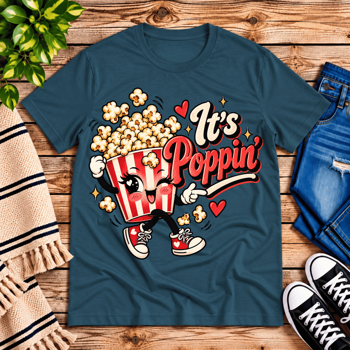 It's Poppin' cute food graphic t-shirt cozy flat lay in deep teal.