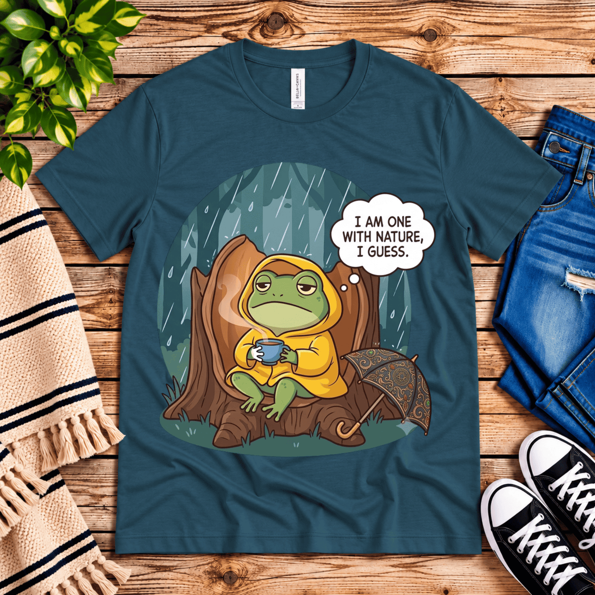 I Am One With Nature cute nature graphic t-shirt cozy flat lay in deep teal.