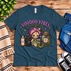 Voodoo Vibes cute magic graphic t-shirt cozy flat lay in deep teal.