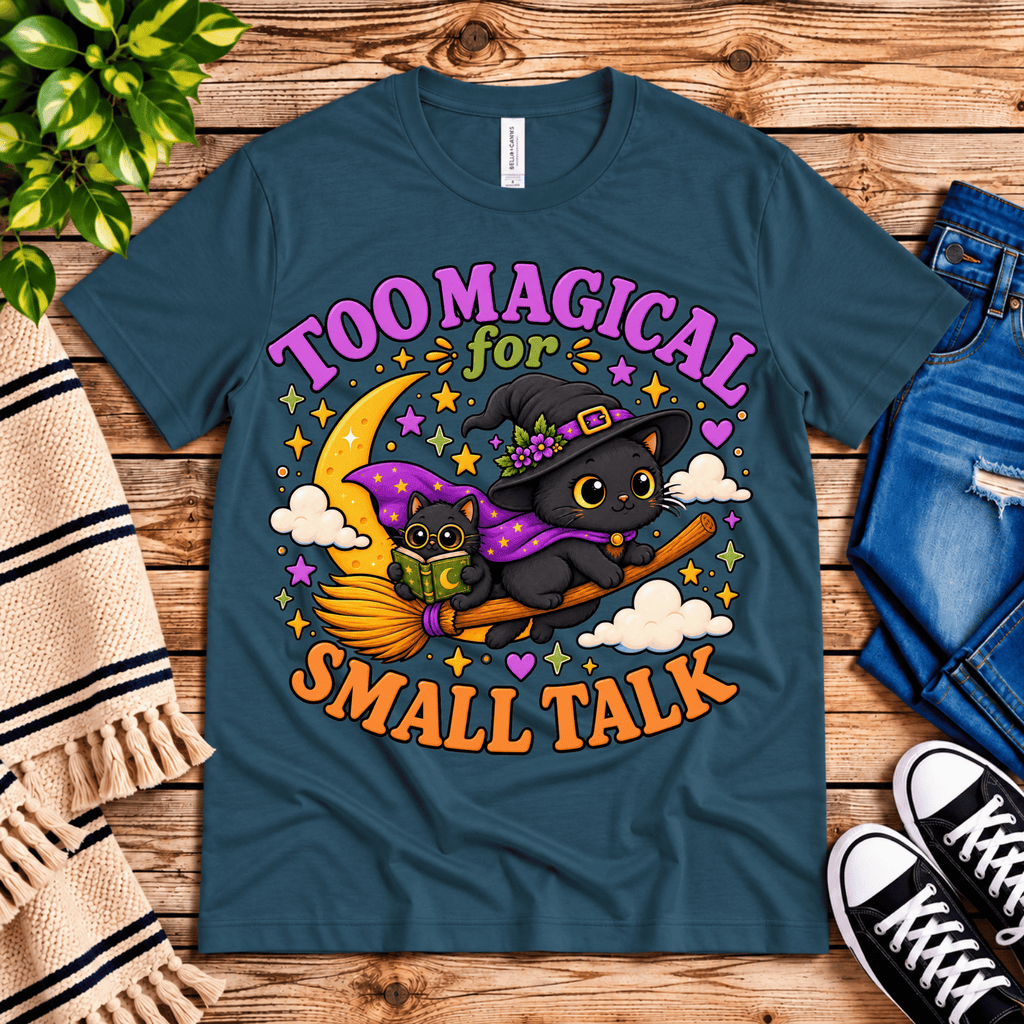 Too Magical cute celestial graphic t-shirt cozy flat lay in deep teal.