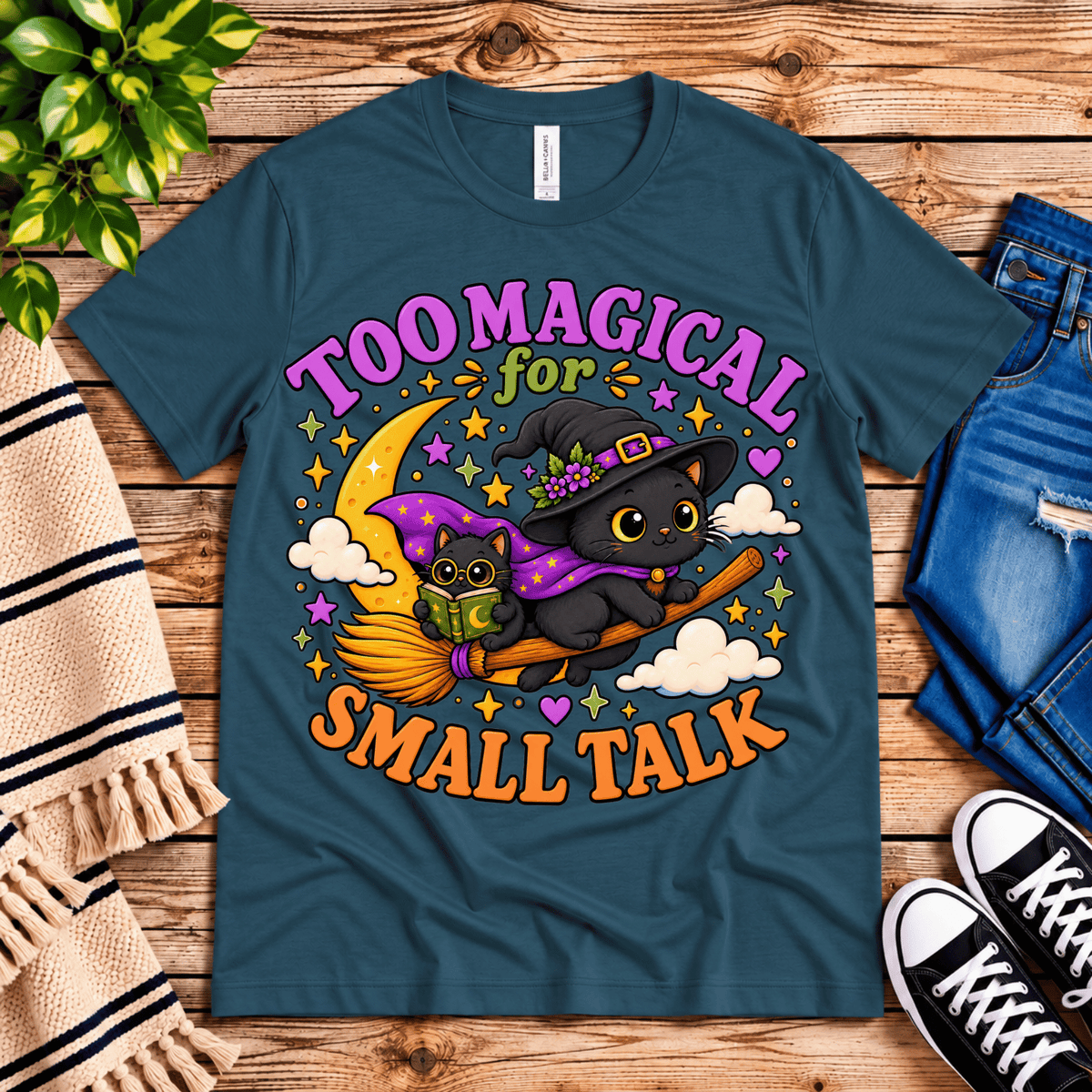 Too Magical cute celestial graphic t-shirt cozy flat lay in deep teal.