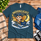 Moonlight Delivery cute animal graphic t-shirt cozy flat lay in deep teal.