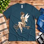 Key Fairy pinup graphic t-shirt cozy flat lay in deep teal.
