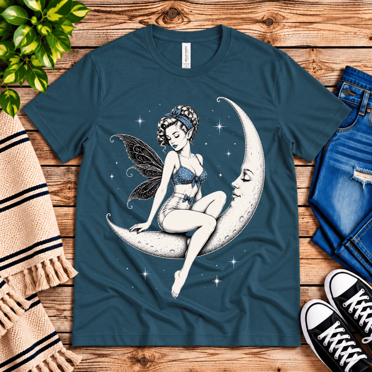 Moonlit Fairy vintage fairy graphic t-shirt cozy flat lay in deep teal.