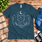 Mystical Cat celestial graphic t-shirt cozy flat lay in deep teal.