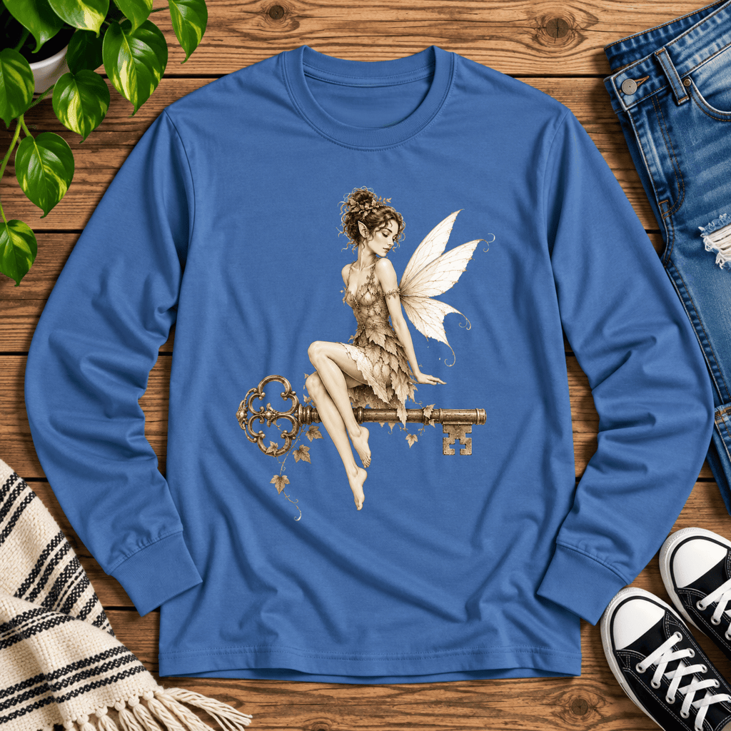 Fairy Key cute pinup graphic long sleeve t-shirt cozy flat lay in denim.