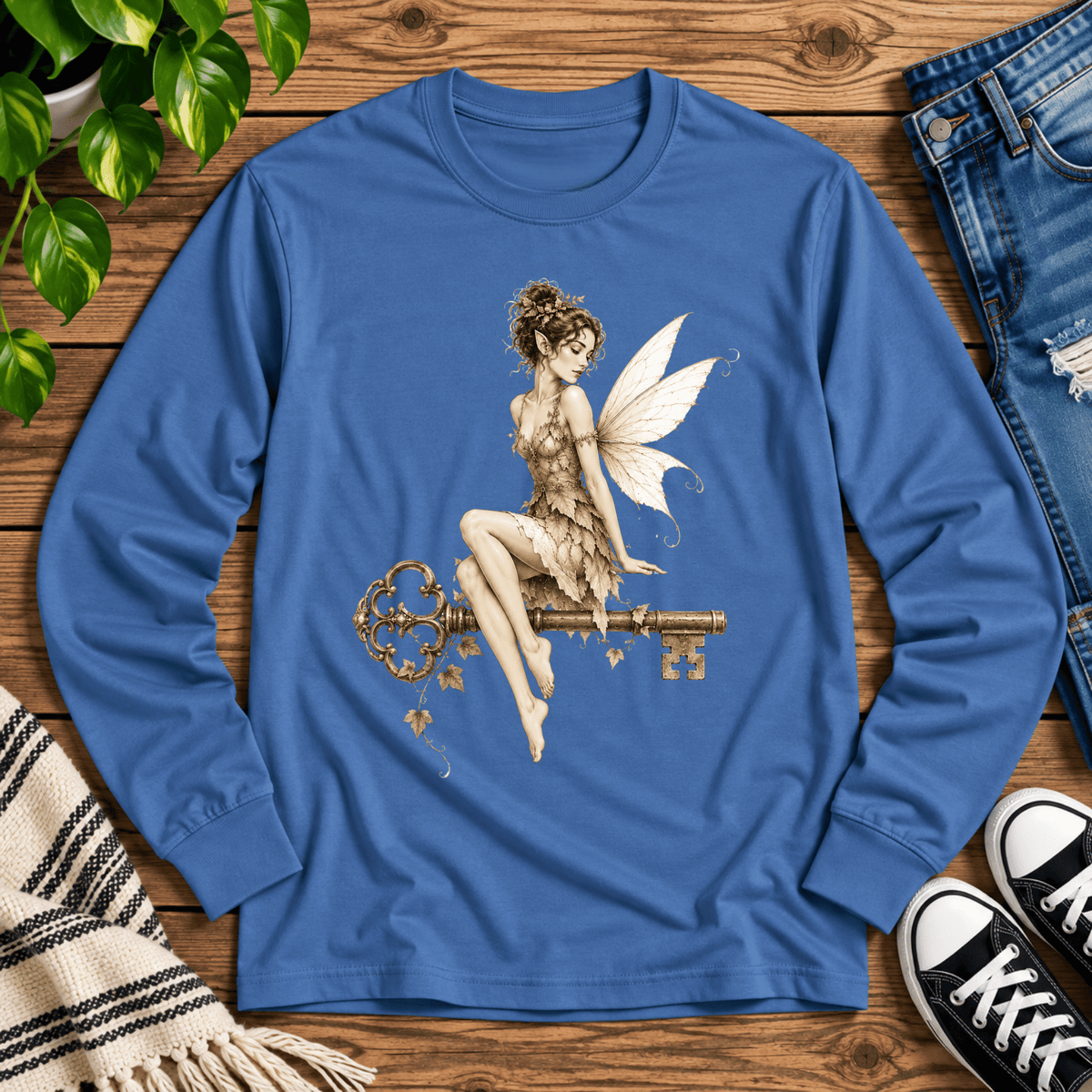 Fairy Key cute pinup graphic long sleeve t-shirt cozy flat lay in denim.