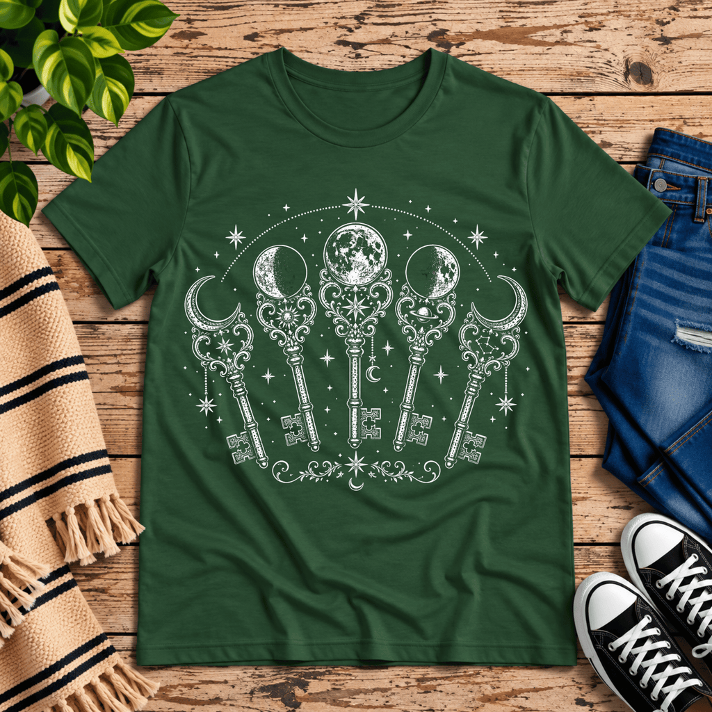 Moon Phase Keys celestial graphic t-shirt cozy flat lay in evergreen.