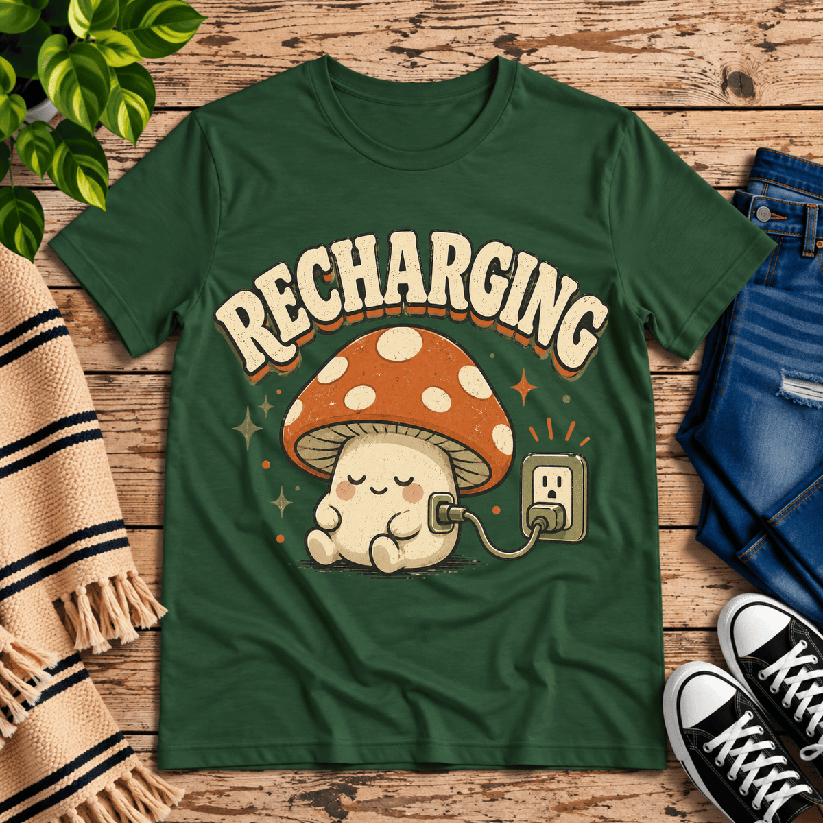Recharging Mushroom cute cottagecore graphic t-shirt cozy flat lay in evergreen.