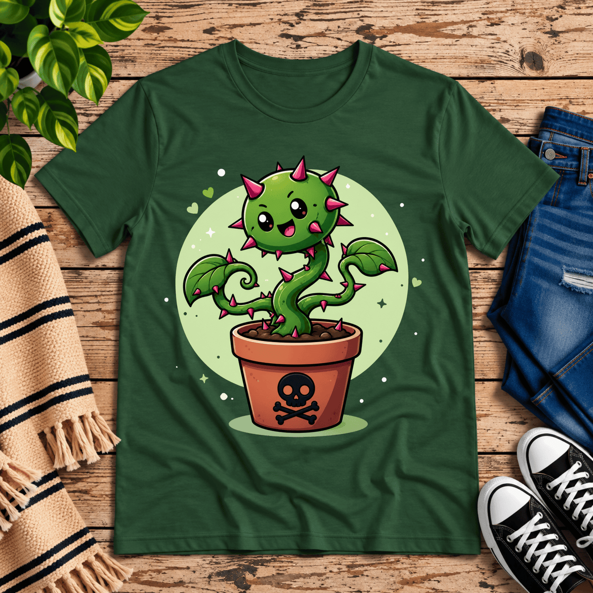 Poison Ivy cute plant graphic t-shirt cozy flat lay in evergreen.