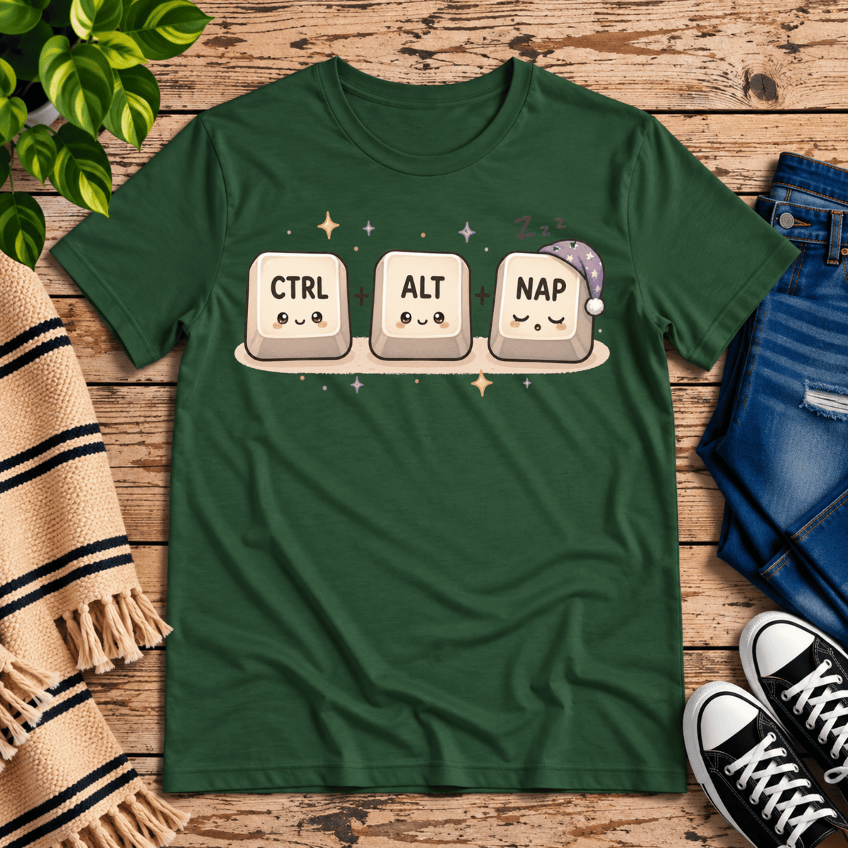 CTRL + ALT + NAP funny introvert graphic t-shirt cozy flat lay in evergreen.