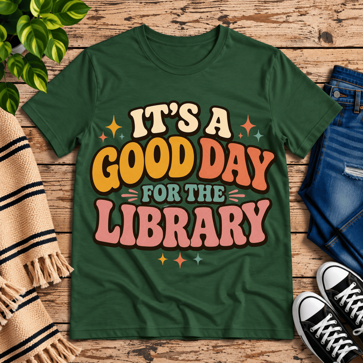 It's A Good Day book lovers graphic t-shirt cozy flat lay in evergreen.