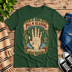 Palm Reading retro mystical graphic t-shirt cozy flat lay in evergreen.
