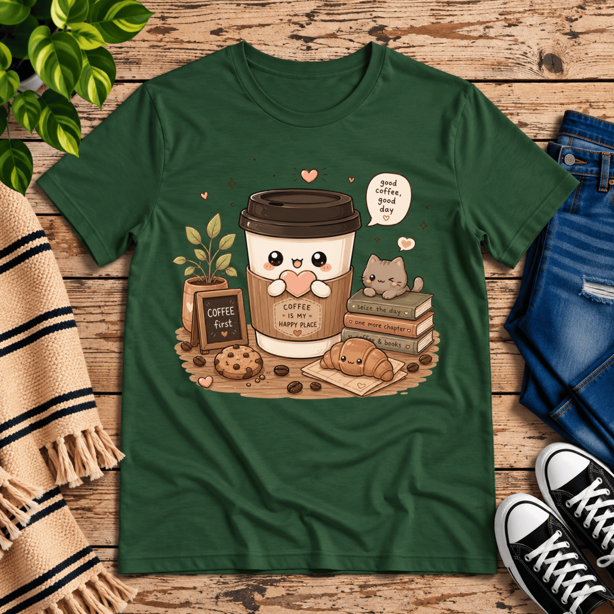 Good Coffee graphic t-shirt cozy flat lay in evergreen.