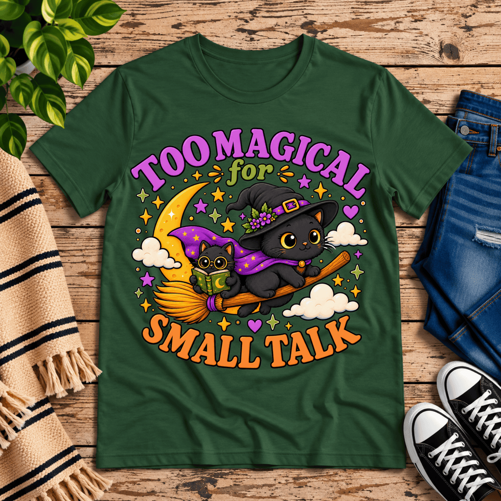 Too Magical cute celestial graphic t-shirt cozy flat lay in evergreen.