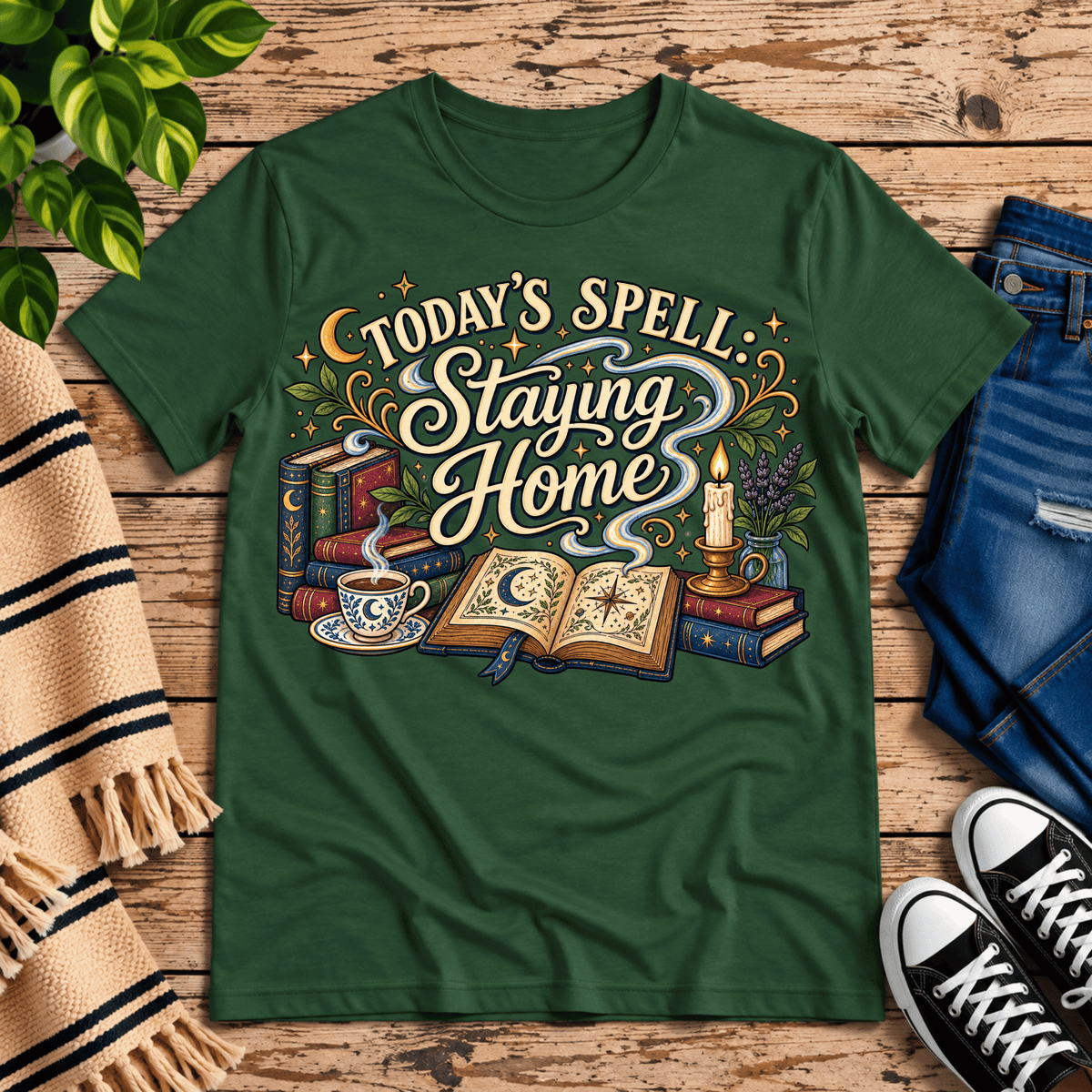 Today's Spell celestial witchy graphic t-shirt cozy flat lay in evergreen.