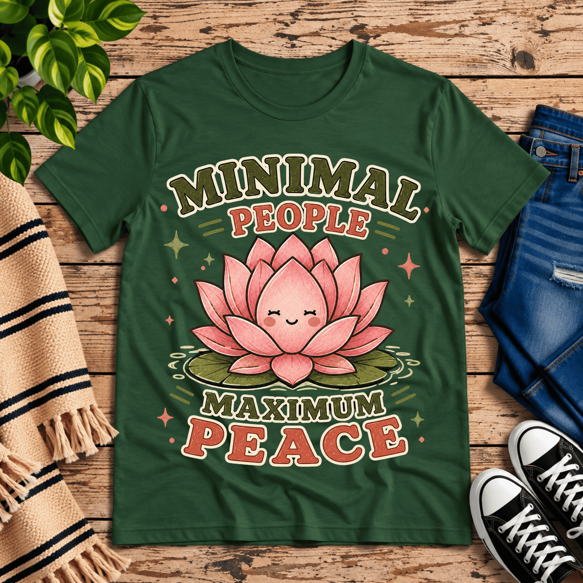 Minimal People cute nature graphic t-shirt cozy flat lay in evergreen.