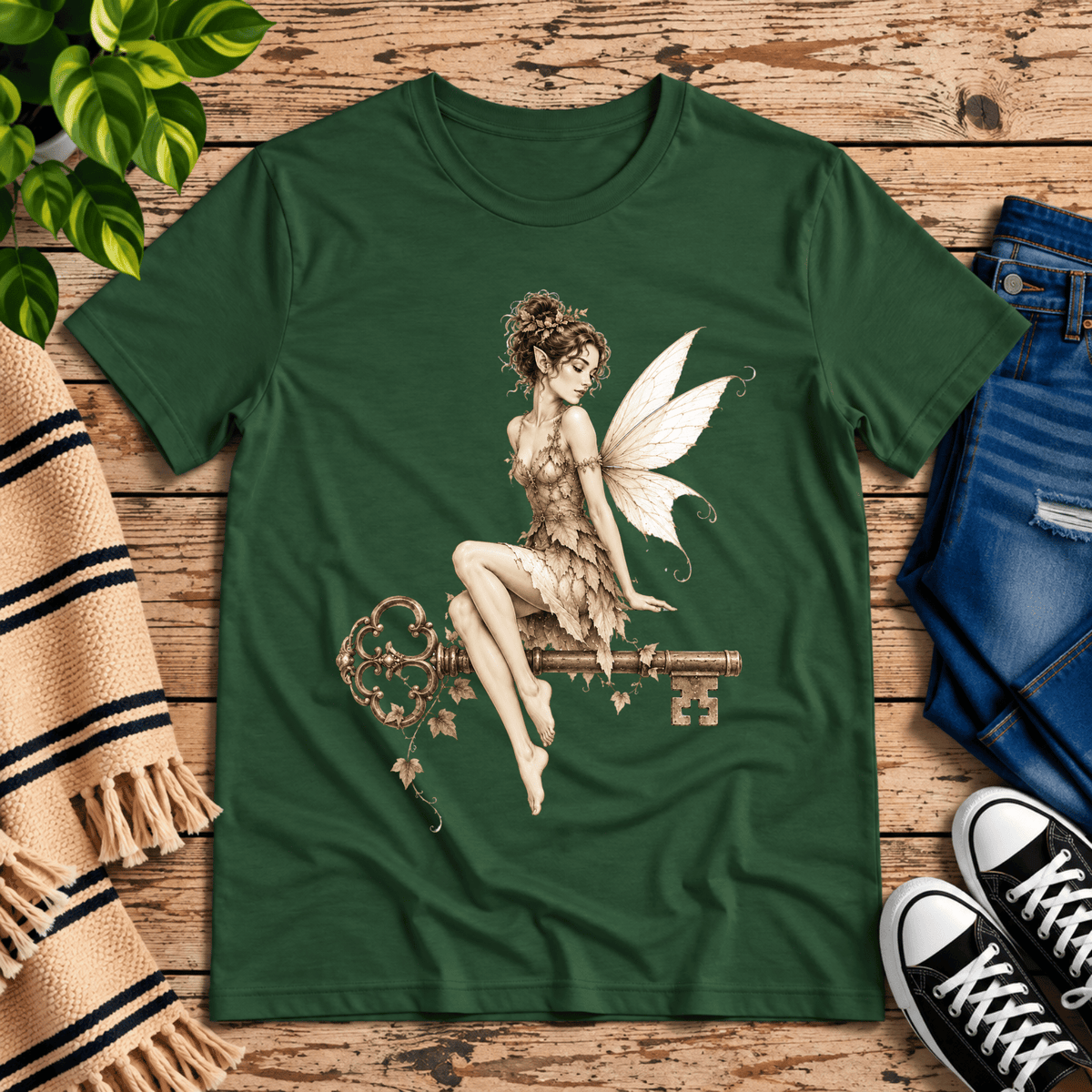 Key Fairy pinup graphic t-shirt cozy flat lay in evergreen.