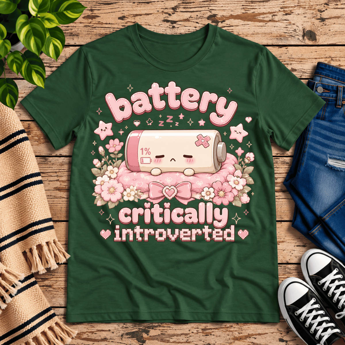 Battery Critical funny introvert graphic t-shirt cozy flat lay in evergreen.