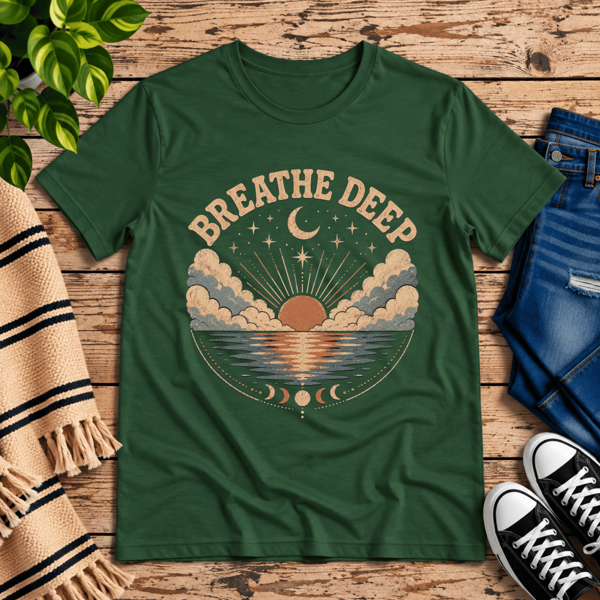 Breathe Deep inspirational introvert graphic t-shirt cozy flat lay in evergreen.