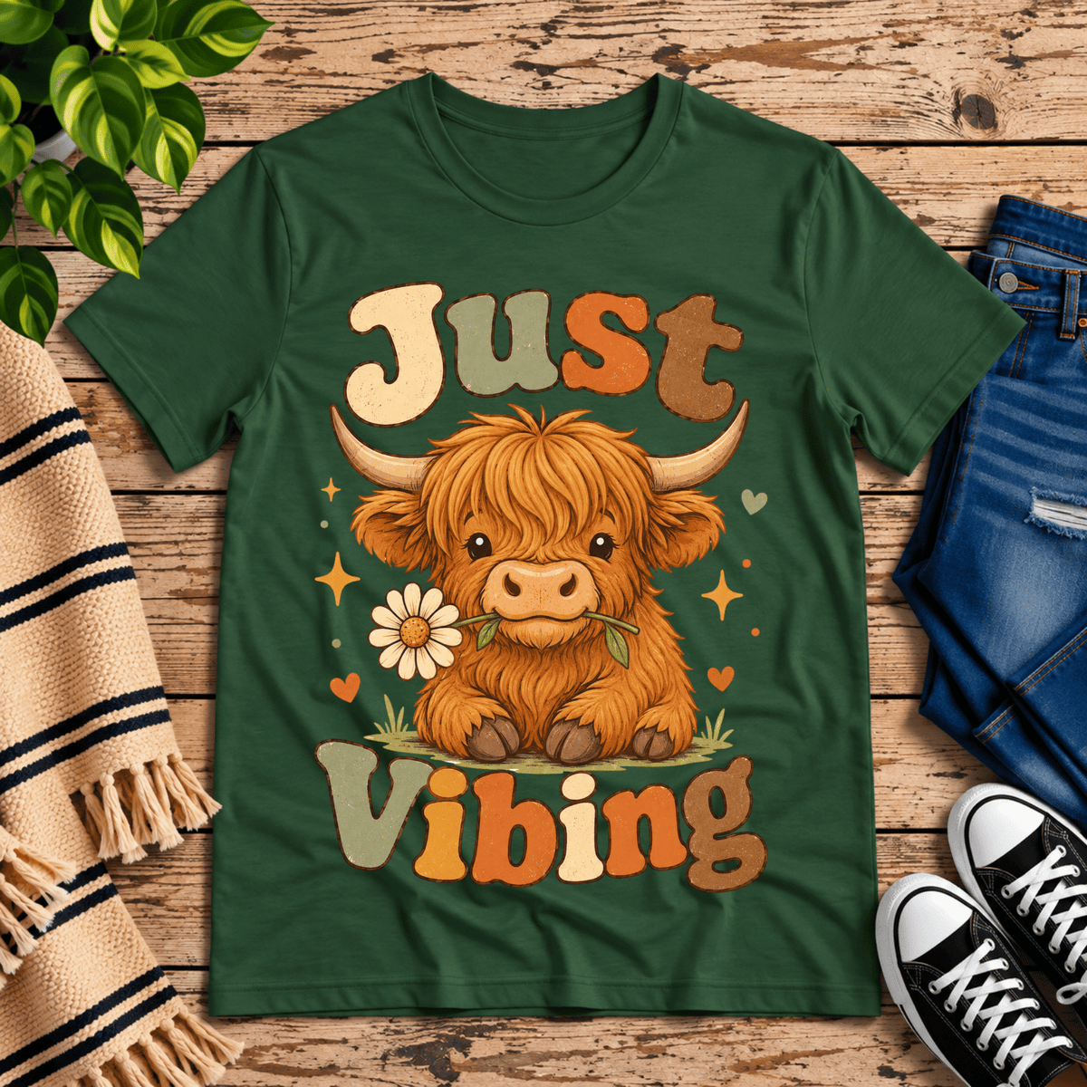 Just Vibing Cow cute animal graphic t-shirt cozy flat lay in evergreen.
