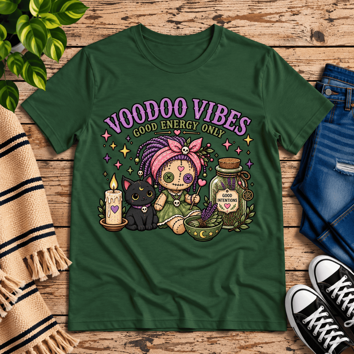 Voodoo Vibes cute magic graphic t-shirt cozy flat lay in evergreen.