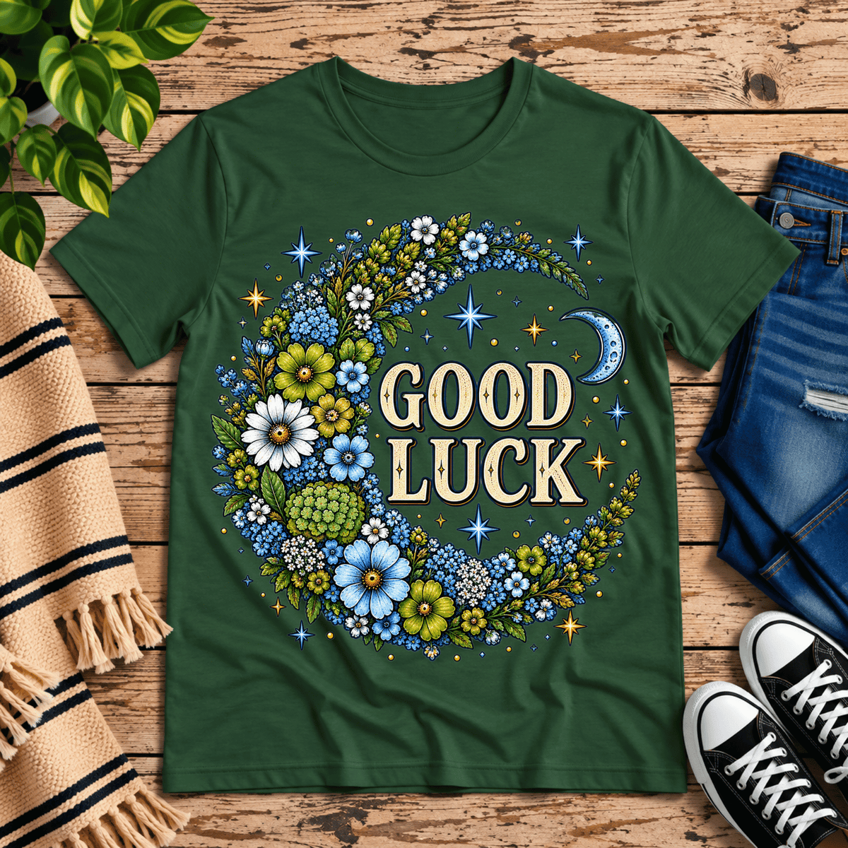 Good Luck In Blue cute celestial graphic t-shirt cozy flat lay in evergreen.