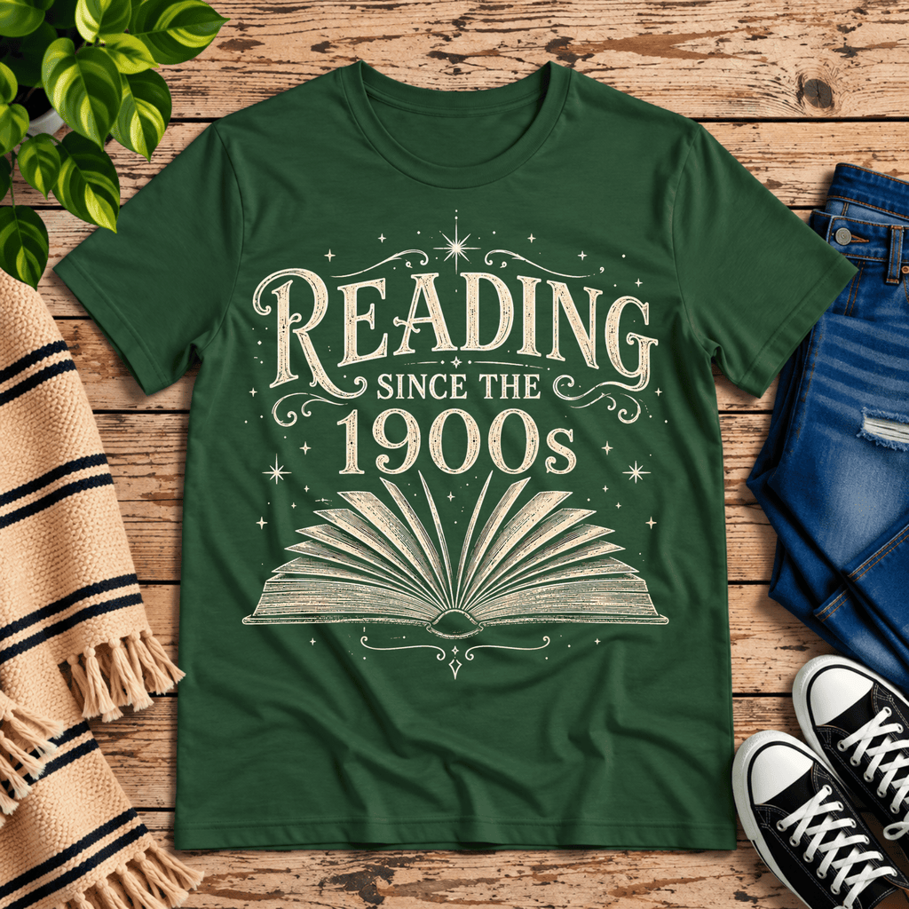 See Jane Read vintage book graphic t-shirt cozy flat lay in evergreen.
