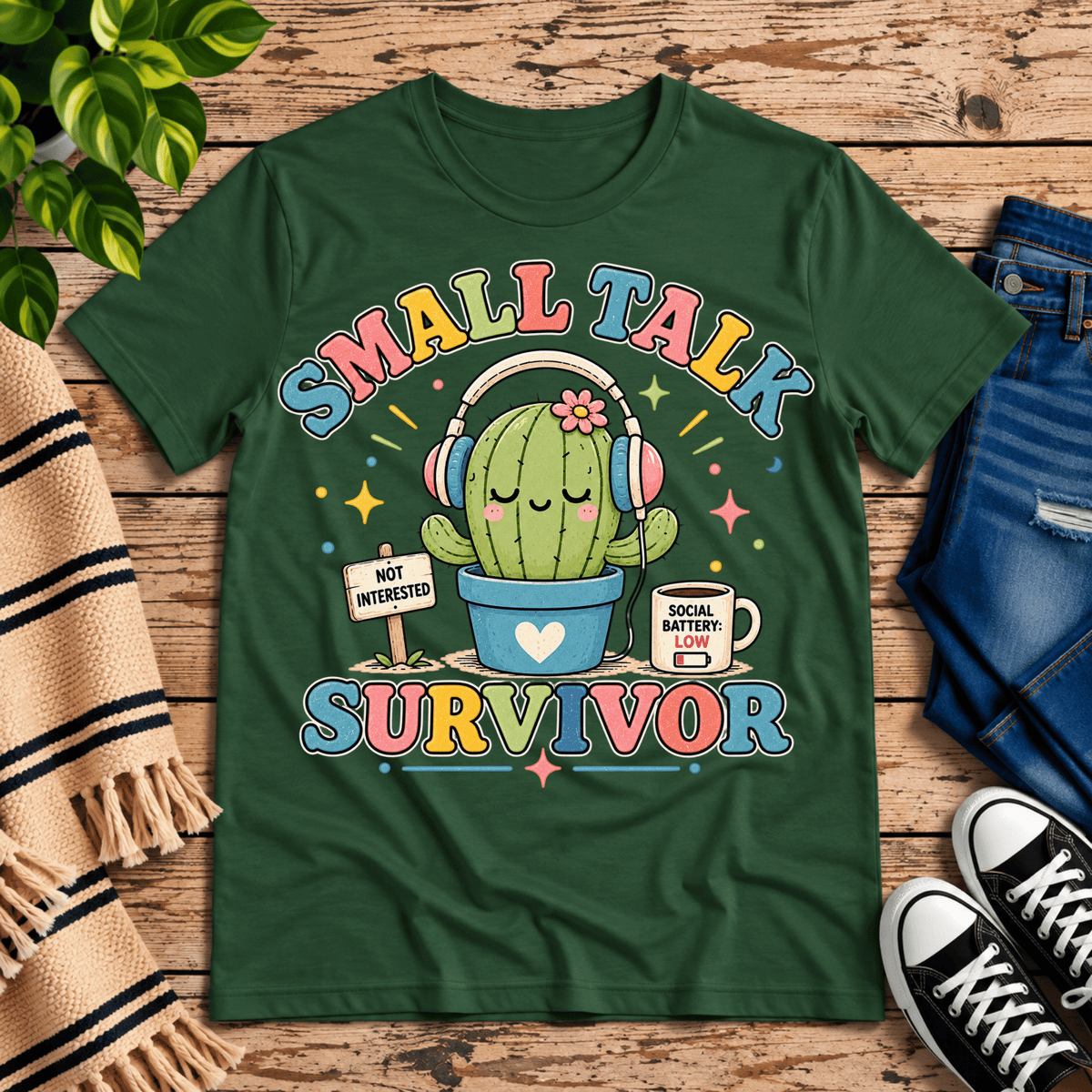Small Talk Survivor funny plant graphic t-shirt cozy flat lay in evergreen.