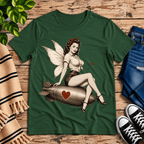 Love Bomb vintage pinup graphic t-shirt cozy flat lay in evergreen.