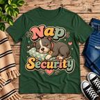 Nap Security cute animal graphic t-shirt cozy flat lay in evergreen.