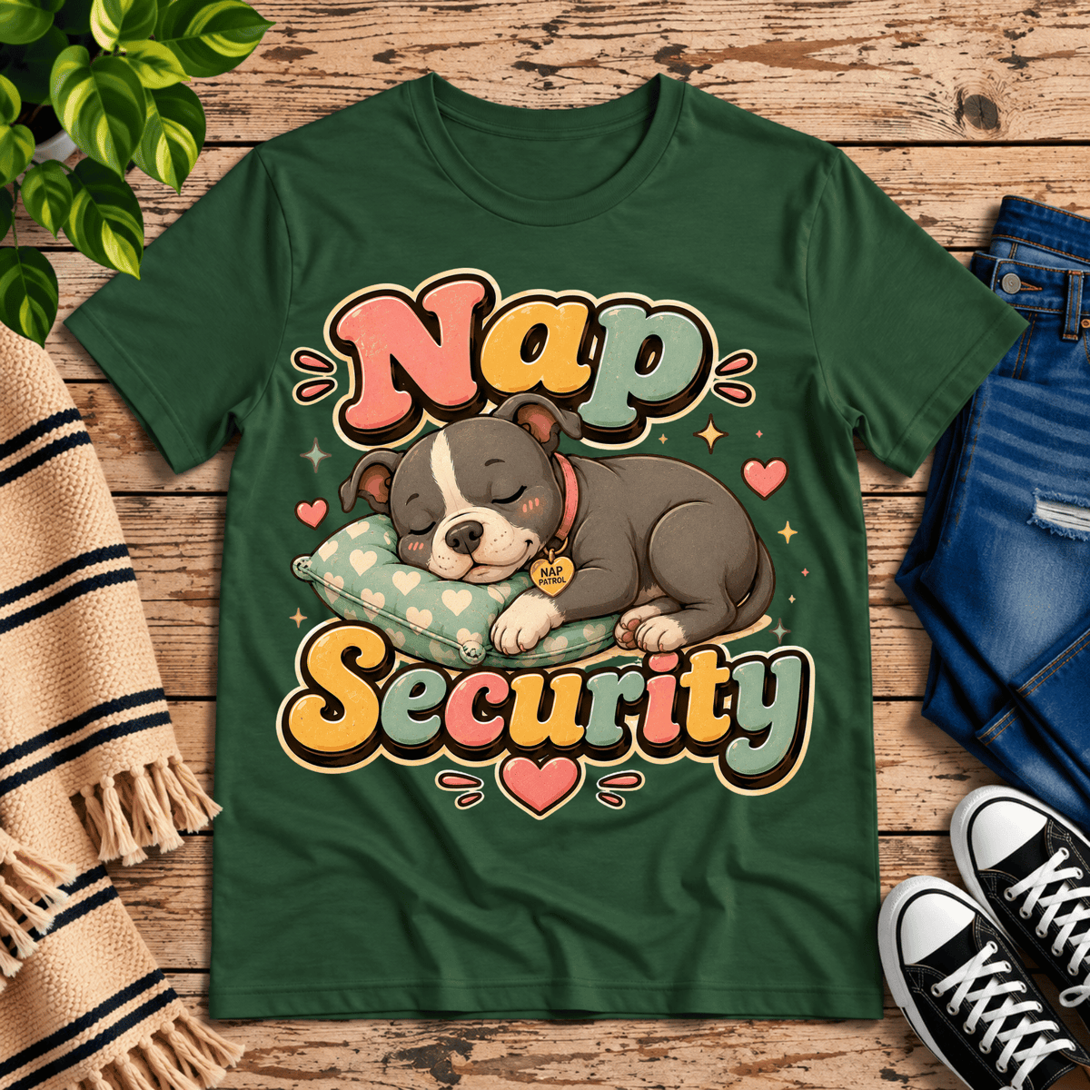 Nap Security cute animal graphic t-shirt cozy flat lay in evergreen.