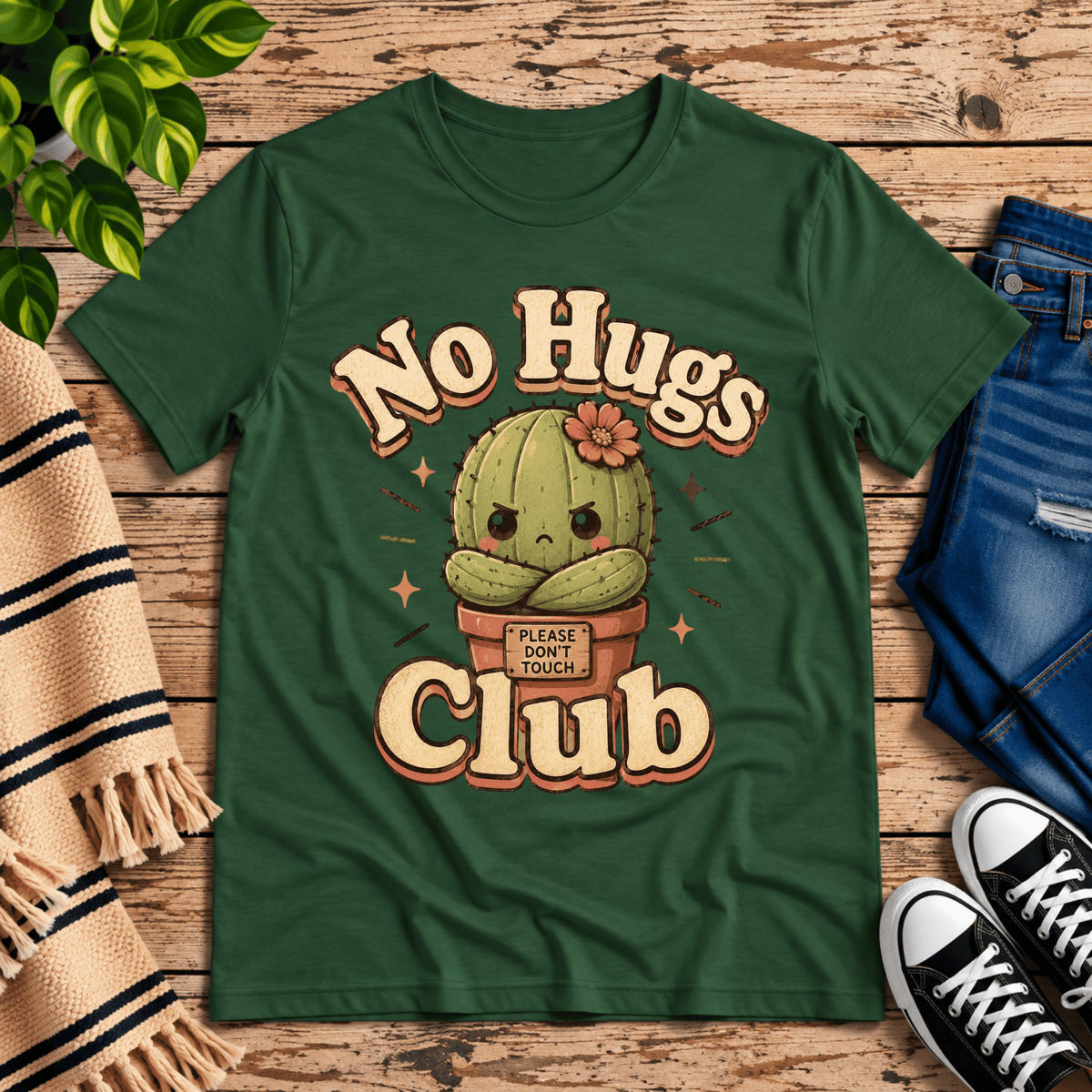 No Hugs Club funny cactus graphic t-shirt cozy flat lay in evergreen.