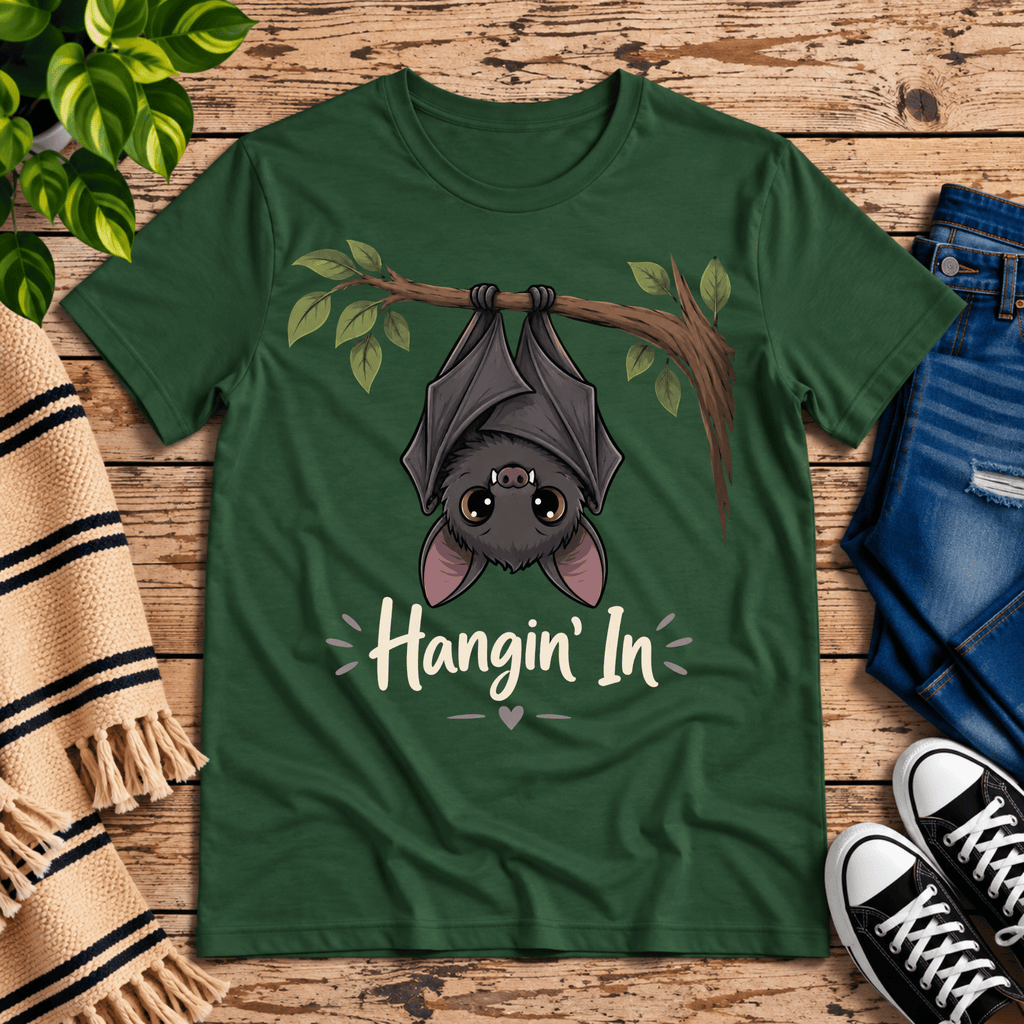 Hangin' In cute introvert graphic t-shirt cozy flat lay in evergreen.