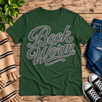 Book Worm book lover graphic t-shirt cozy flat lay in evergreen.