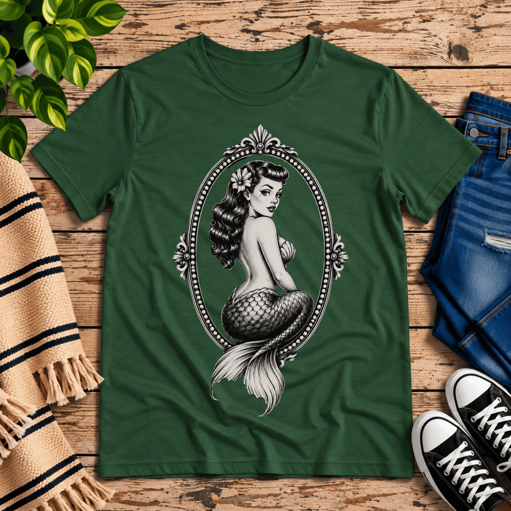 Mermaid Cameo vintage pinup graphic t-shirt cozy flat lay in evergreen.