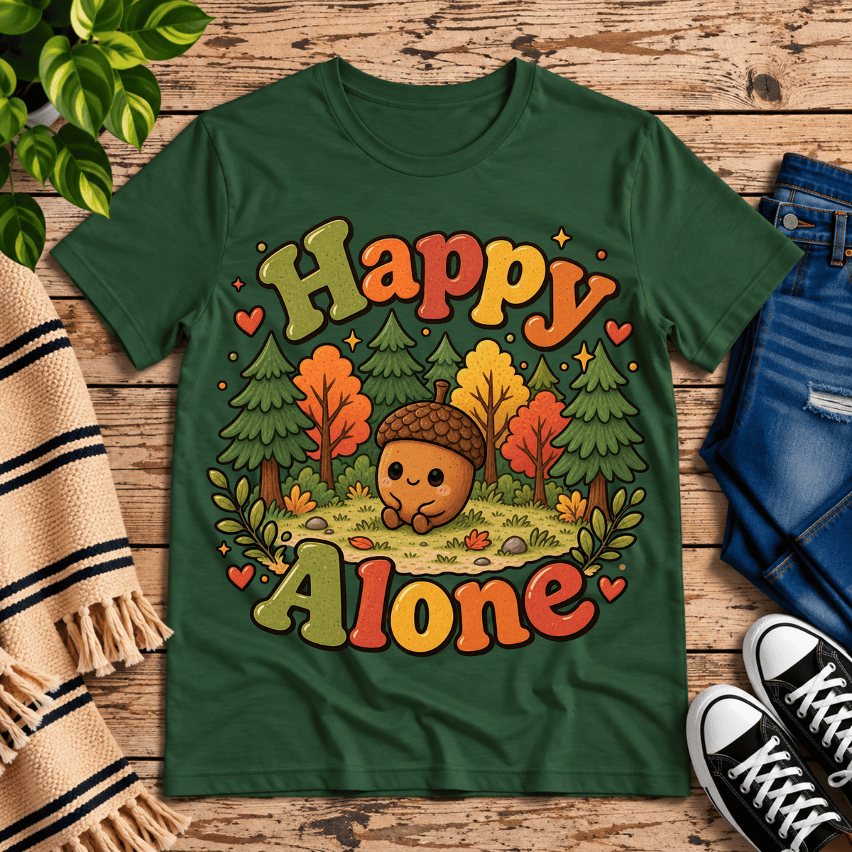 Happy Alone cute nature graphic t-shirt cozy flat lay in evergreen.