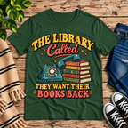The Library Called book lovers graphic t-shirt cozy flat lay in evergreen.