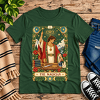 The Magician tarot card graphic t-shirt cozy flat lay in evergreen.