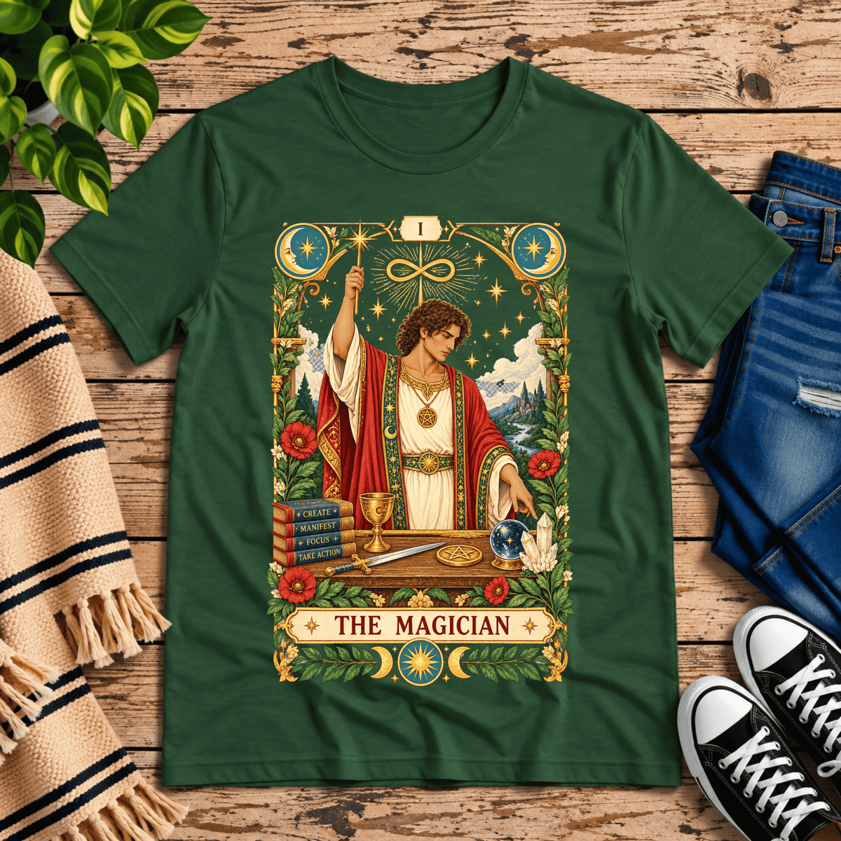 The Magician tarot card graphic t-shirt cozy flat lay in evergreen.