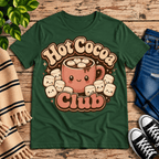 Hot Cocoa Club cute coffee graphic t-shirt cozy flat lay in evergreen.